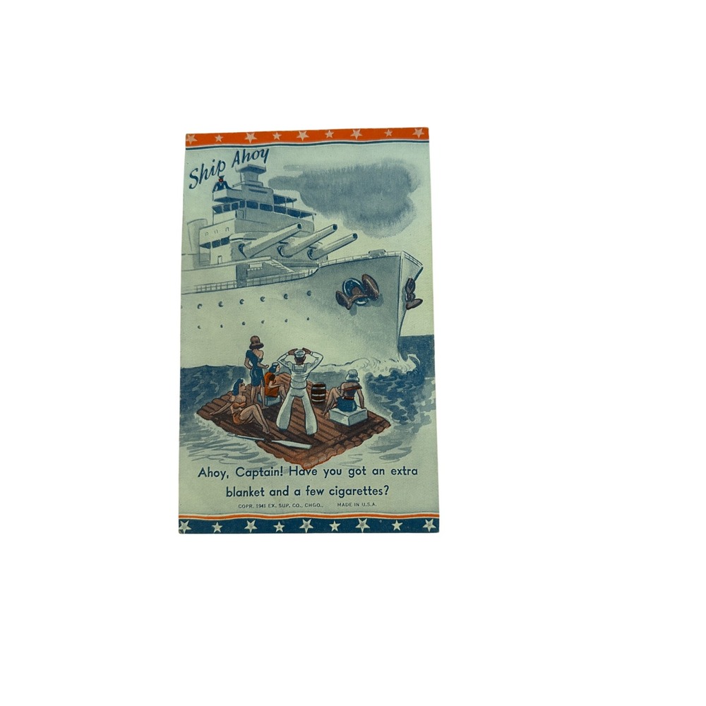 Vintage 1941 WWII Postcard Ship Ahoy Funny Military Humor Comic Linen Unposted